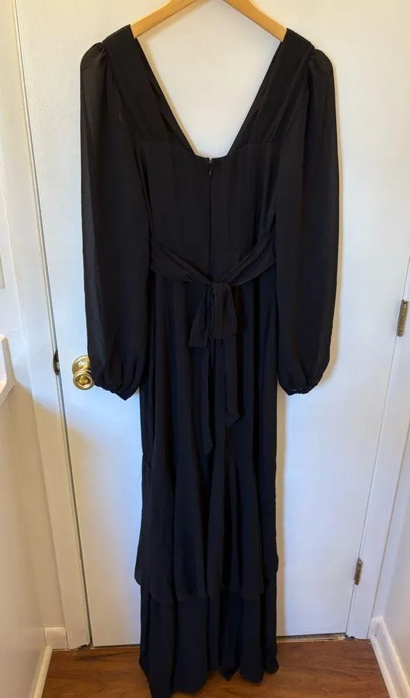 Lulus Tier Elegance Long Sleeve Tiered Chiffon Maxi Dress Black Size Medium Tie - Image 4
