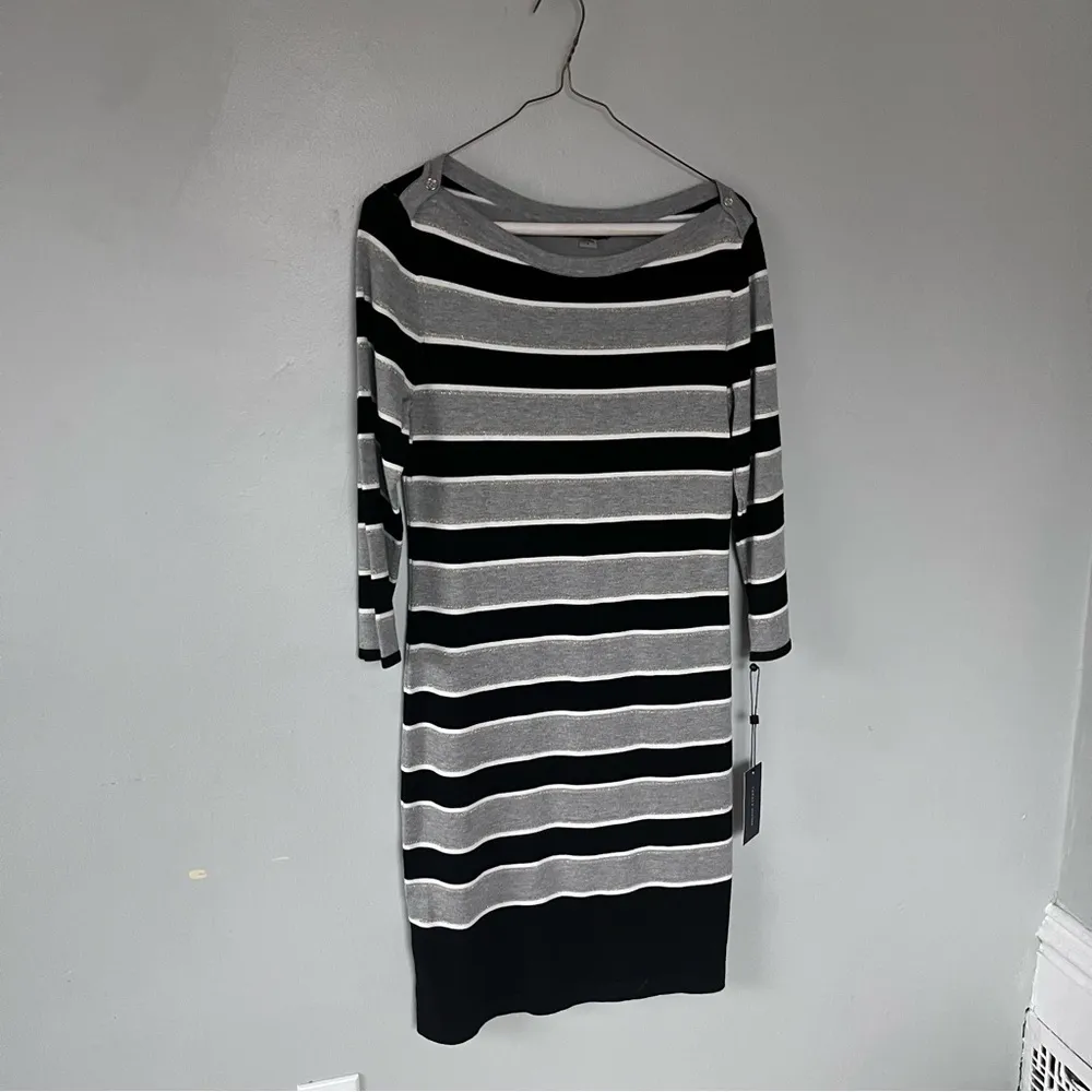 NEW Tommy Hilfiger Grey Black White Silver Striped Sweater Bodycon Dress Small - Image 4