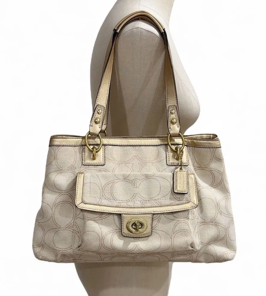 COACH F19231 Penelope Linen Gold/Khaki Metallic Signature Optic Tote Handbag - Image 12