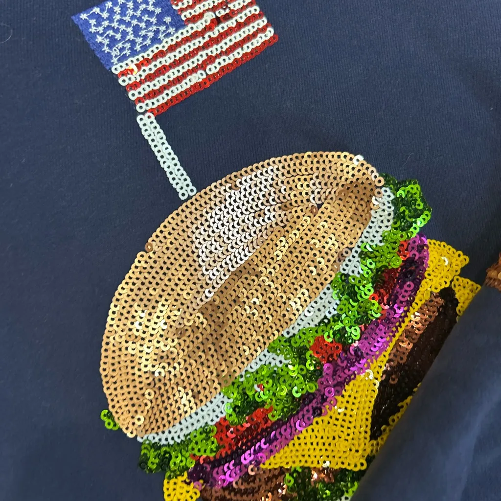 Queen of Sparkles Navy American Burger Fourth of July Sweatshirt XXL NWOT Blue - Image 5
