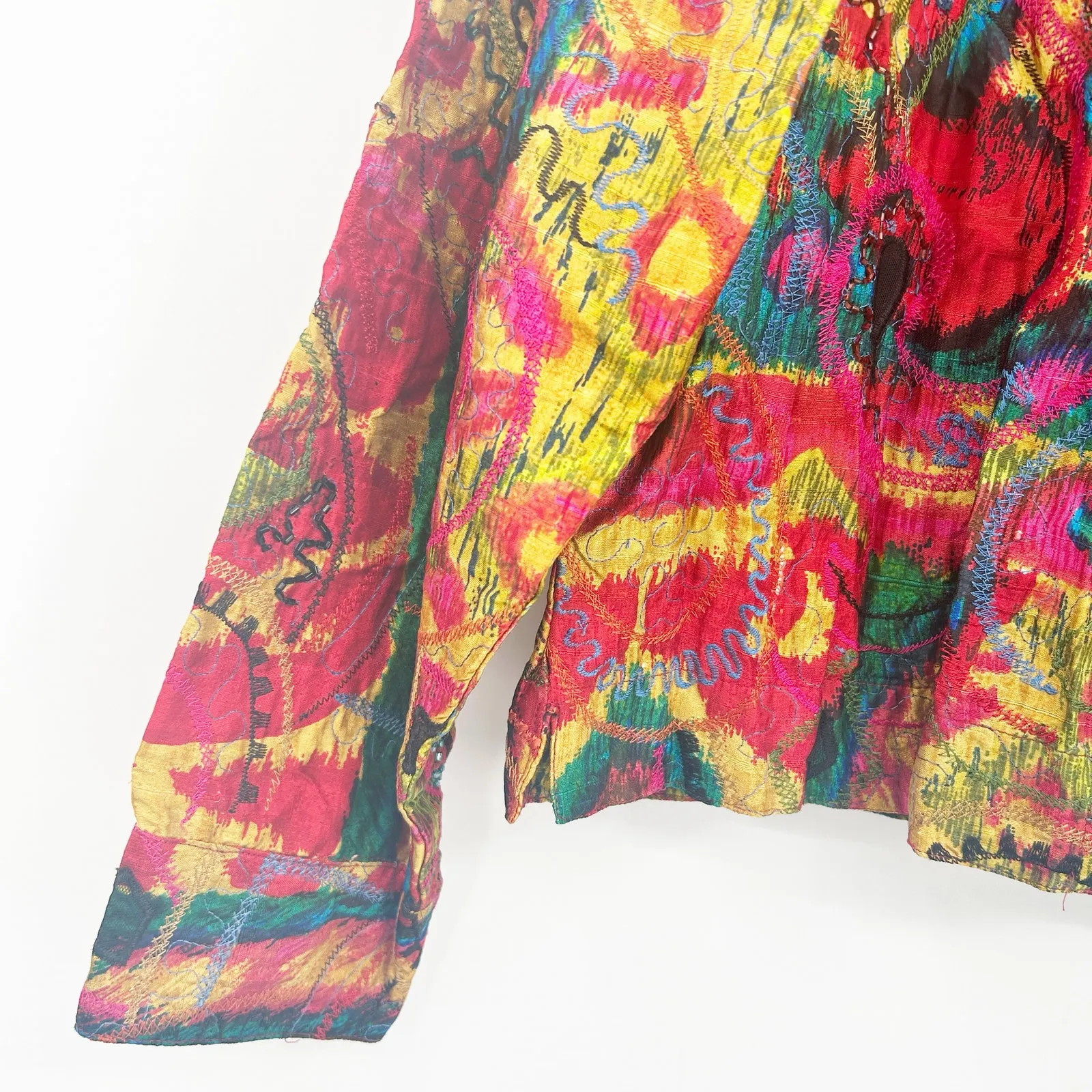 Chicos Womens Vintage Artsy Beaded Embroidered 100% Silk Blazer‎ Jacket Size M - Image 3