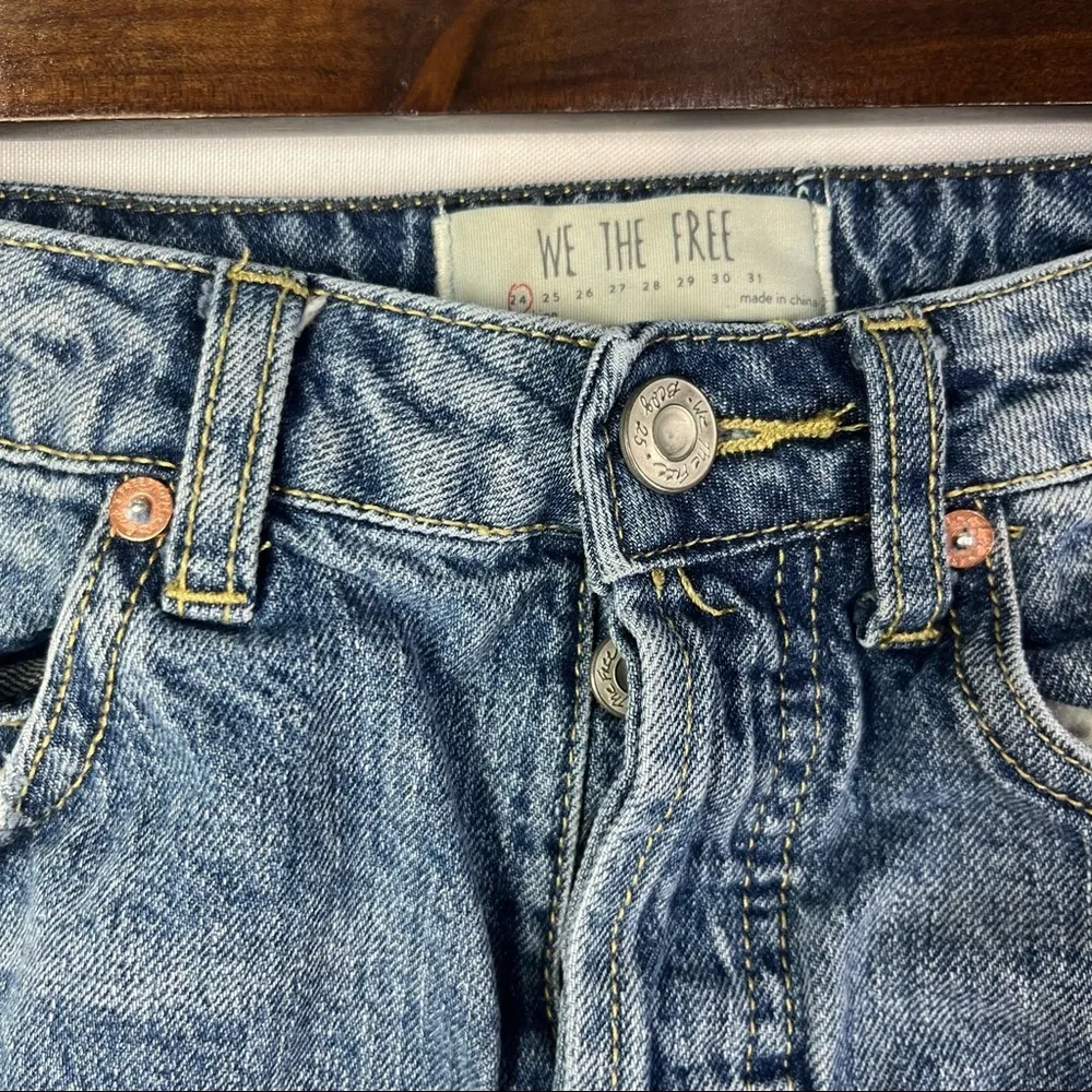 Free People We the Free Light Wash Raw Hem Button Fly Mini Skirt 24 - Image 4