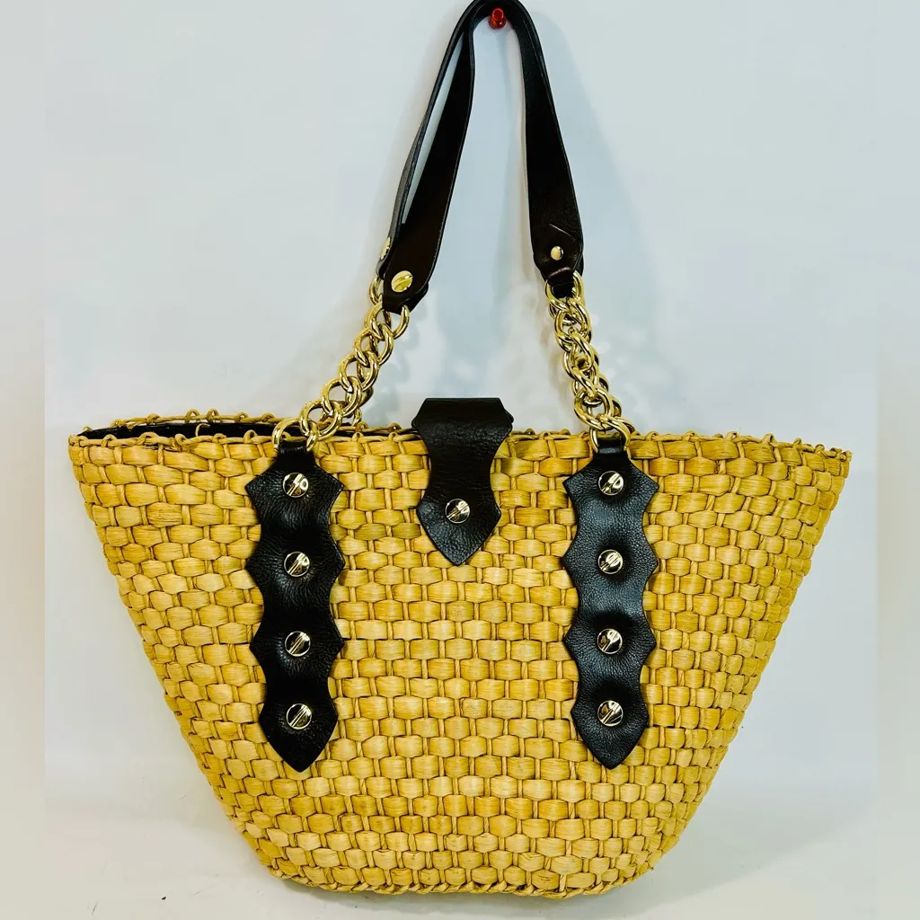 Michael Kors Santorini Raffia Woven Handbag Tote, Brown Leather/Gold Chain Strap Tan - Image 4