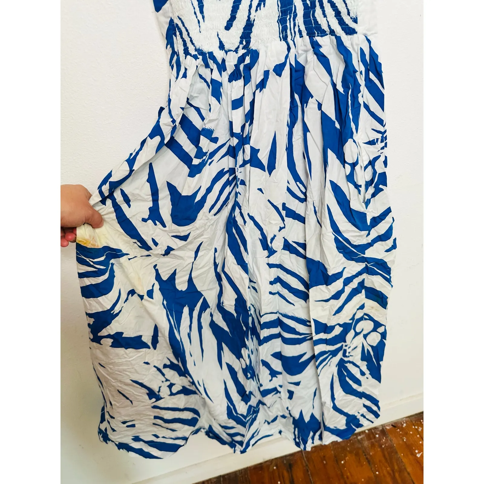 S/W/F Blue White Abstract 100% Cotton Botanical Print Wave Waist Midi Dress S - Image 9