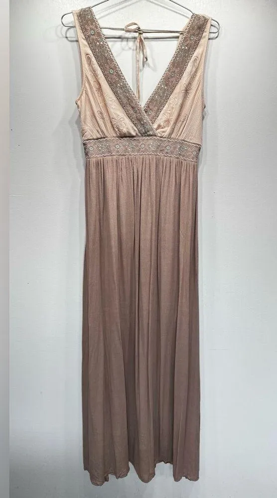Soiéblu Beige & Taupe Sleeveless Boho Hippie Maxi Dress Embroidered High Waist - Image 5