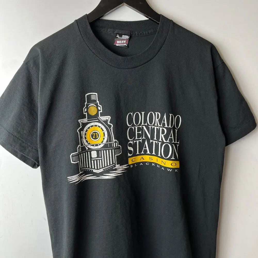 Vintage 90s Colorado Central Station T Shirt Black Large L Single Stitch Solid - Image 11