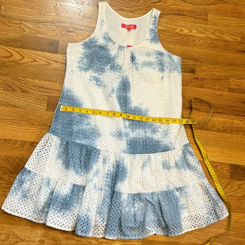 Catherine Malandrino Women’s 6 White Blue Tie Dye Cotton Eyelet Drop Waist Dress - Image 5