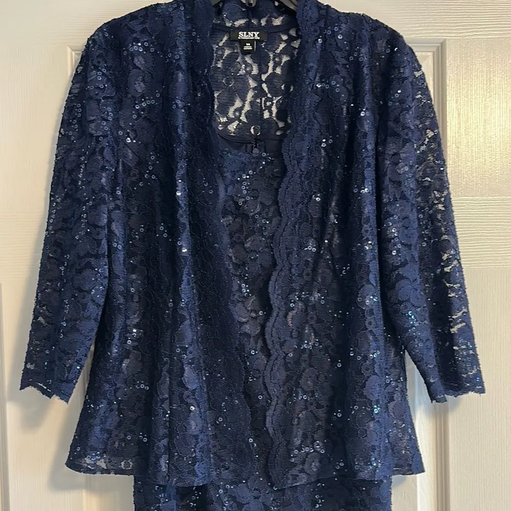 SLNY Women’s Elegant Navy Lace & Sequined Dress and Jacket Set - Size 14 - Image 2