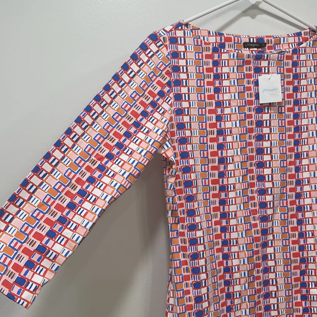 J Mclaughlin‎ Womens Wavesong Top Small Pink Geo Catalina 3/4 Sleeve Spandex New - Image 3