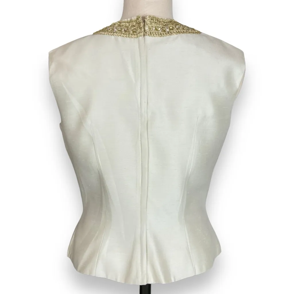 Vintage 1960s Blouse White‎ Gold Embellishment Trim Neckline Sleeveless Top Slub White - Image 2