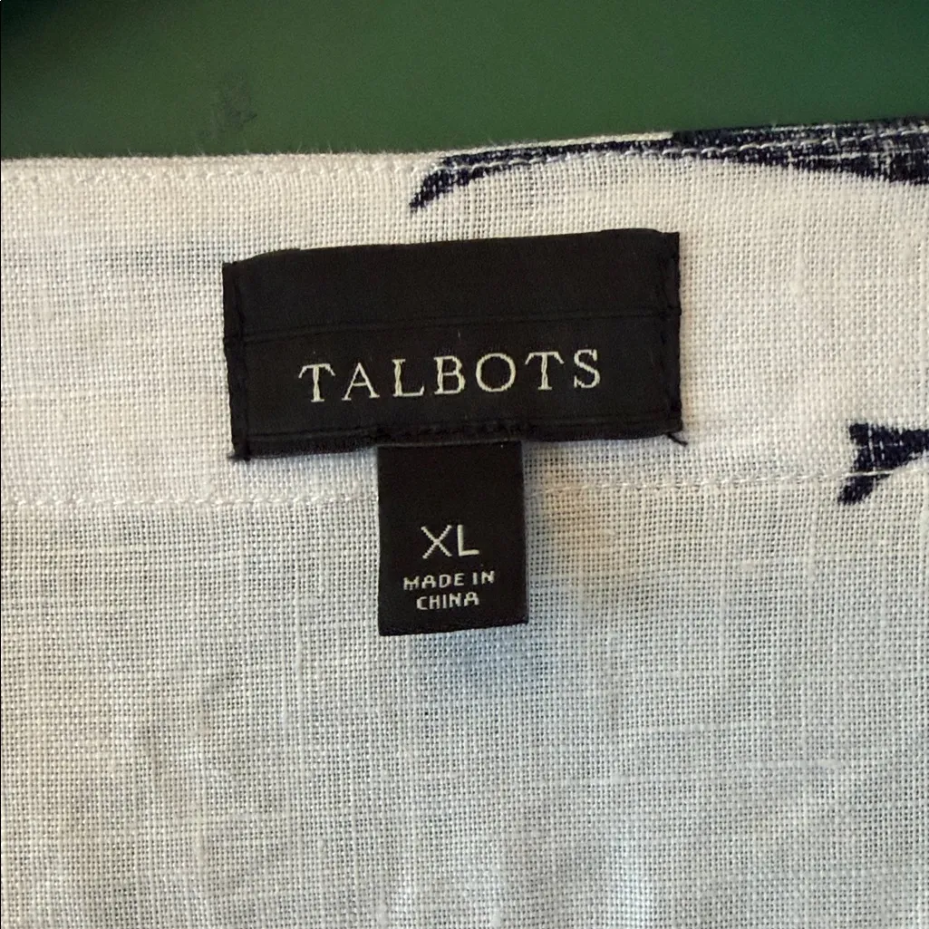 Talbots Linen Dress Womens XL White w/Navy Fish & Turquoise Beaded Neckline - Image 2
