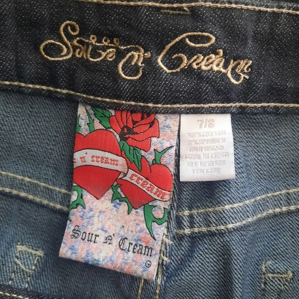 Sour N Cream Y2K Bedazzled Embroidered Straight Leg Jeans Vintage Size 7/8 Blue - Image 7