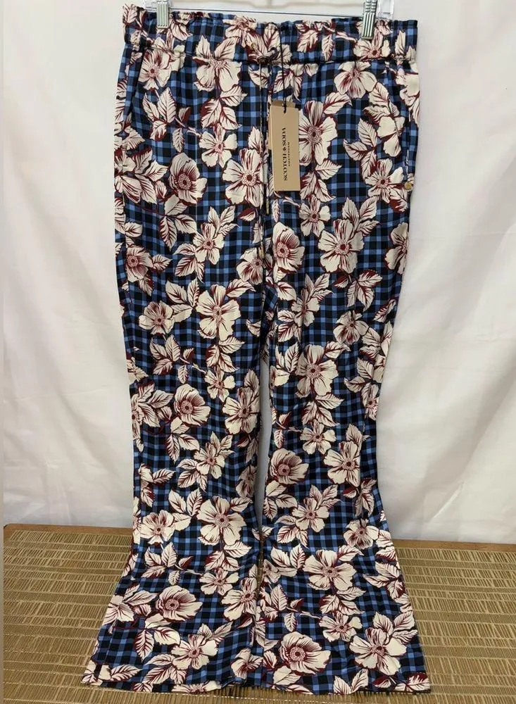 Scotch & Soda Blue Gingham and Burgundy Floral Printed Wide Leg Trousers Size XL - Image 2
