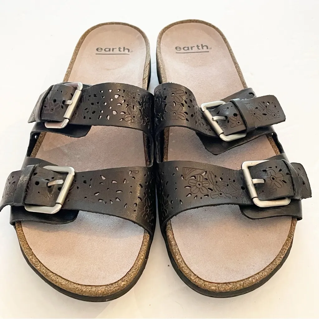 Earth Size 10 Black‎ Sand Antigua Perforated Buckle Slide Sandal Shoes Black - Image 2