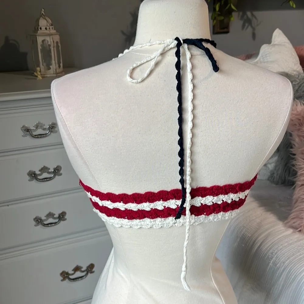 Halter crop Top Crochet America Womens L XL Red White Blue Shirt Patriotic - Image 3