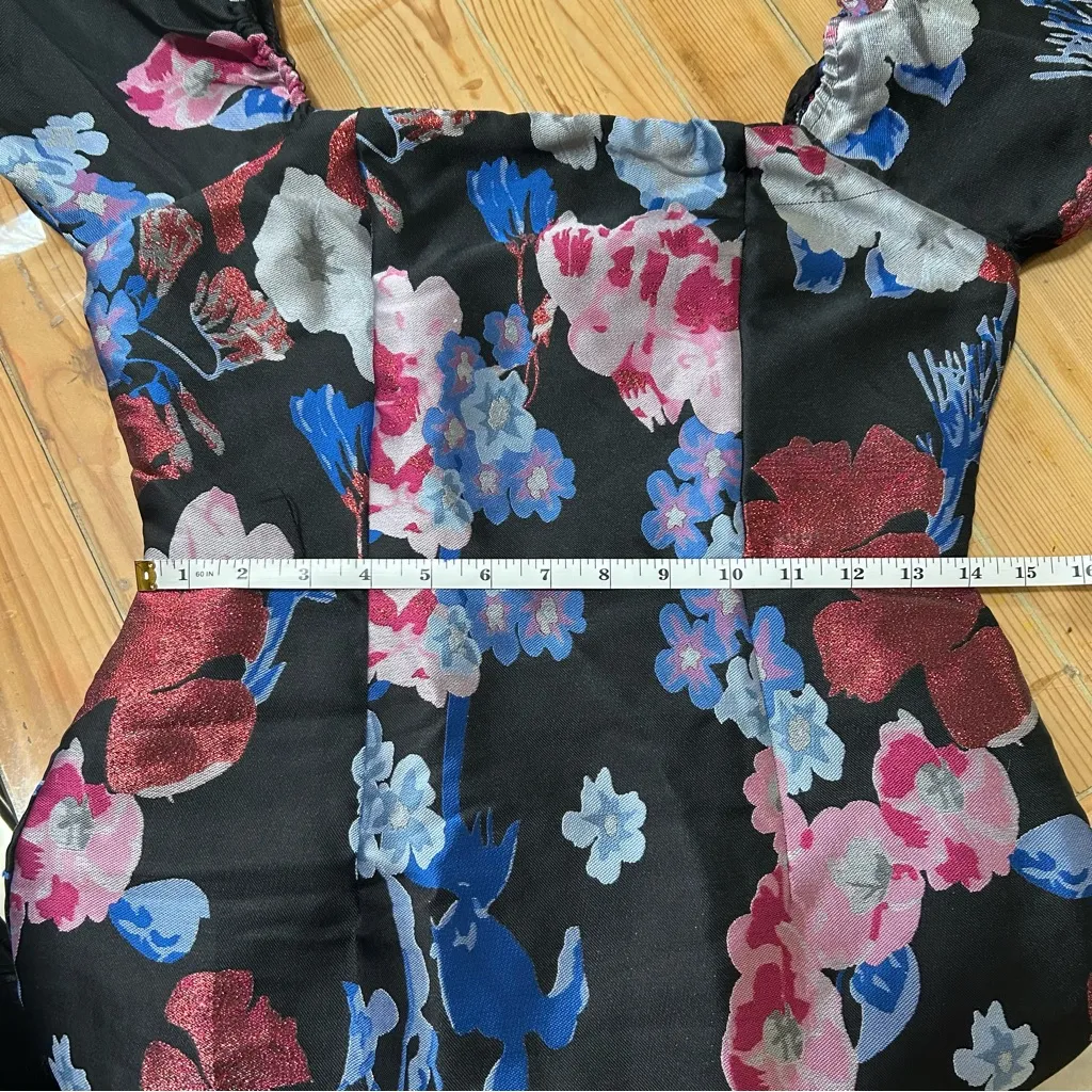 Lulus So Stunning Black Multi Floral Jacquard Puff Sleeve Mini Dress - Image 3