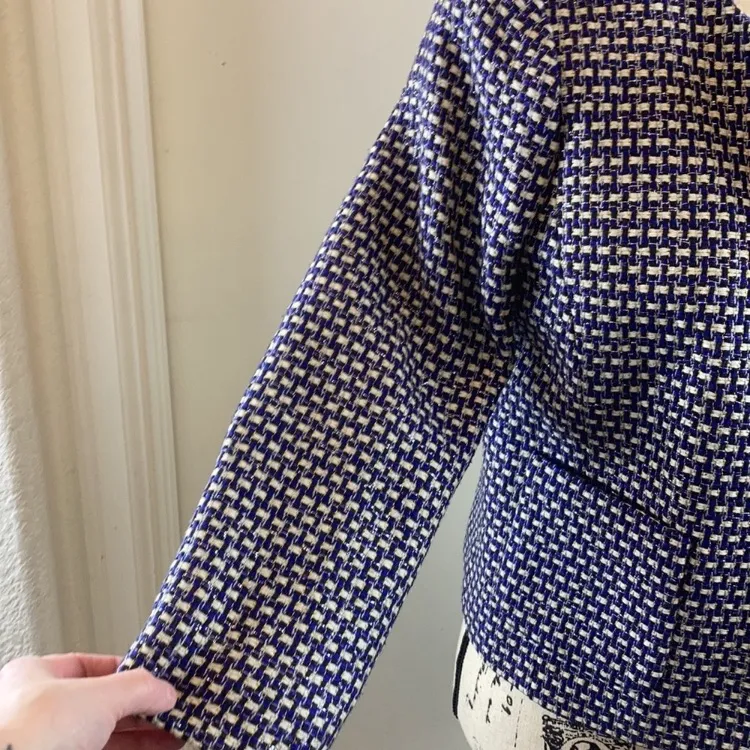 J. Crew Blue & White Tweed Women’s Silk Blend 3/4 Sleeve Cropped Blazer - Image 9