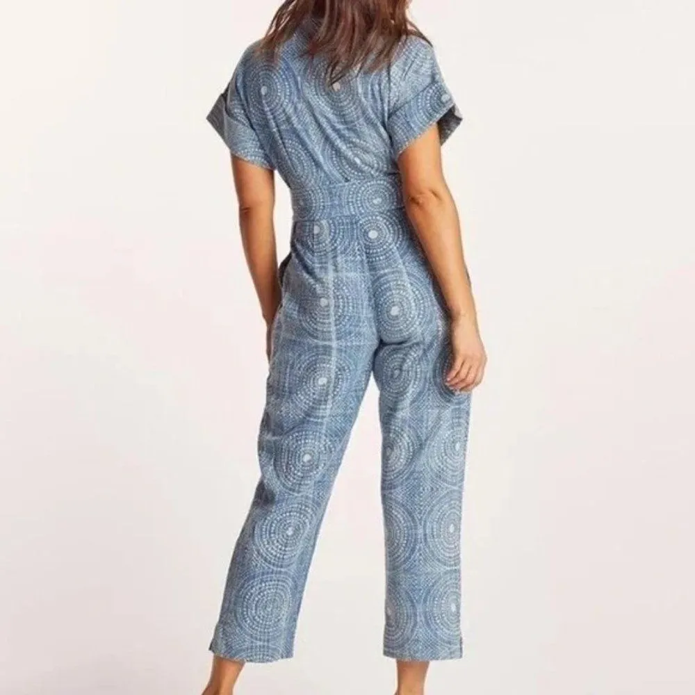 Cleobella Tominaga Indigo Print Short Sleeve Tie Waist Cropped Jumpsuit Romper - Image 12
