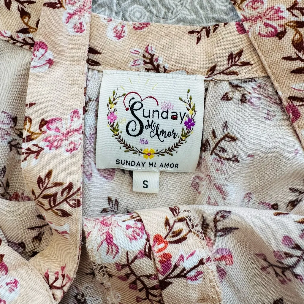 Sunday Mi Amor Cream Pink Floral Print Sundress Ruffle Tiered Maxi Dress Size S - Image 4