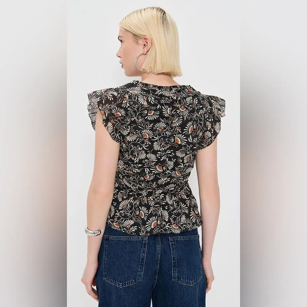 Rails Cali Cassia Floral Flutter Sleeve Peplum Top XS Black 100% Cotton - Image 3