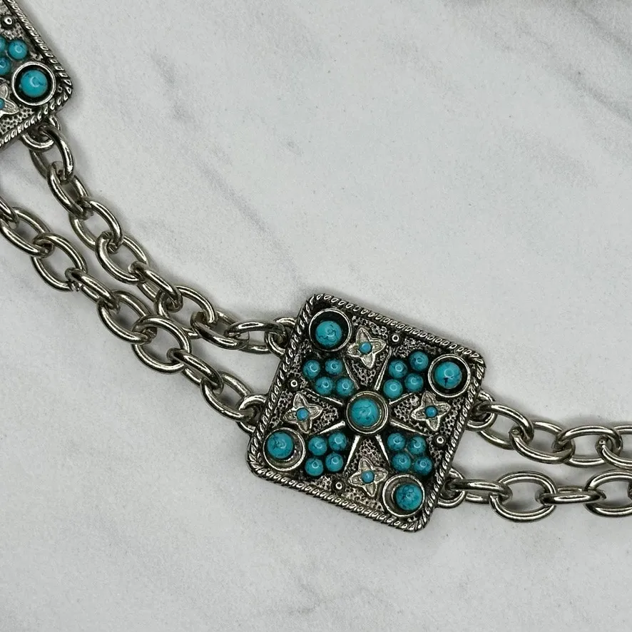 Faux Turquoise Studded Square Silver Chain Link Belt One Size (OS) ✨ - Image 9