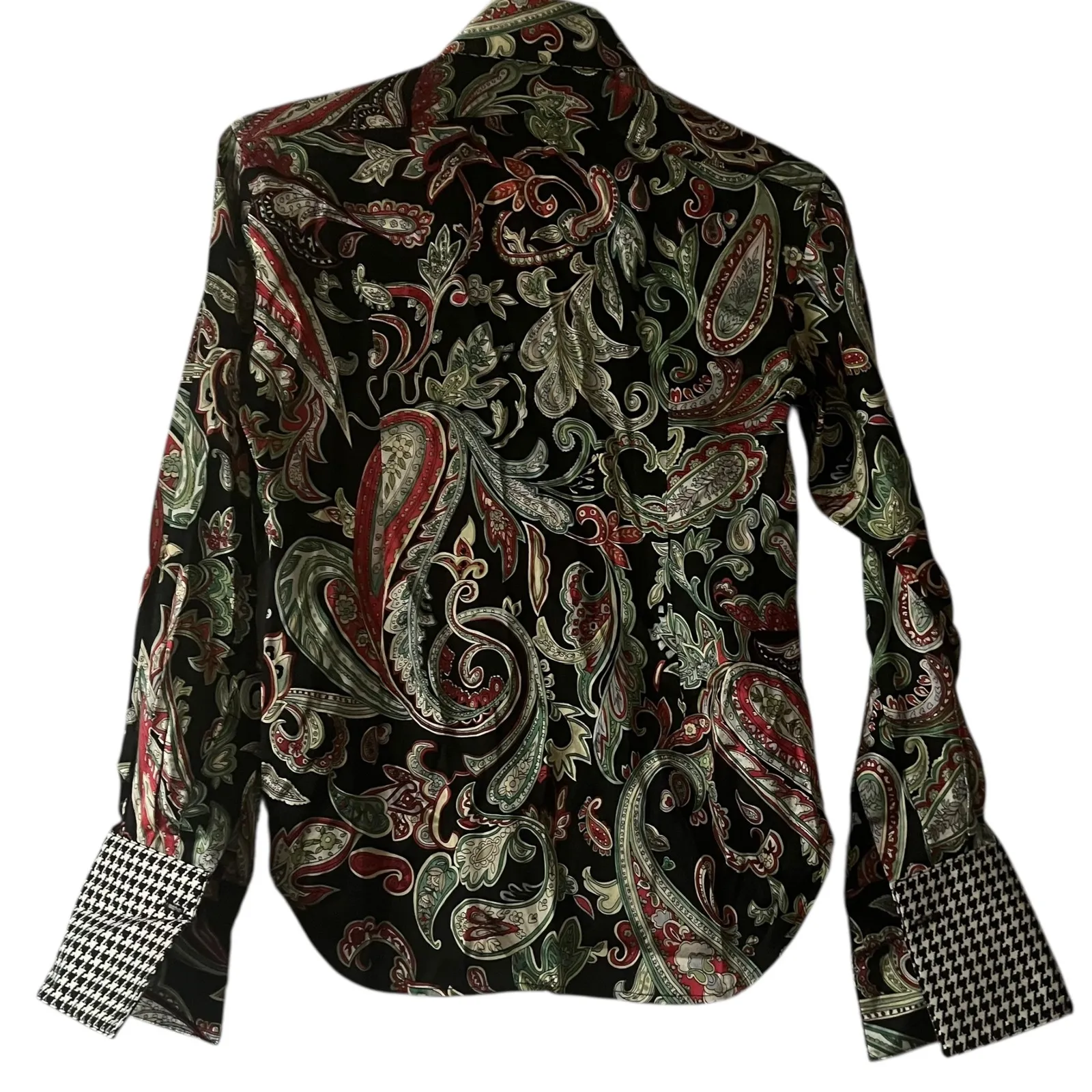 Kent Nielsen Black Paisley Print Retro Button Up Shirt Size 8 Houndstooth Cuffs - Image 2