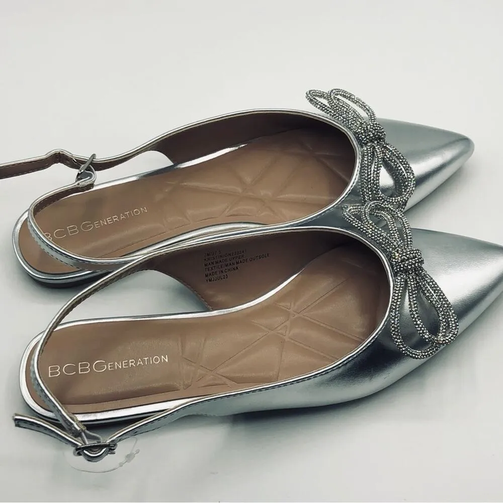 BCBGeneration  Women's Silver Bow Sling BuckleStrap Closure Kristin Flat Sz 7 - Image 9