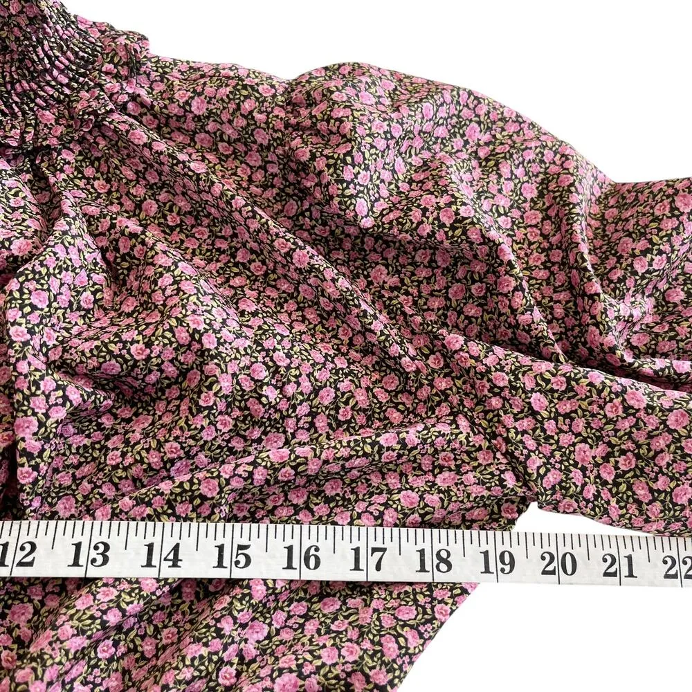 Zara Black Pink Floral Print Smocked Mock Neck Puff Sleeve Blouse Size Large - Image 6