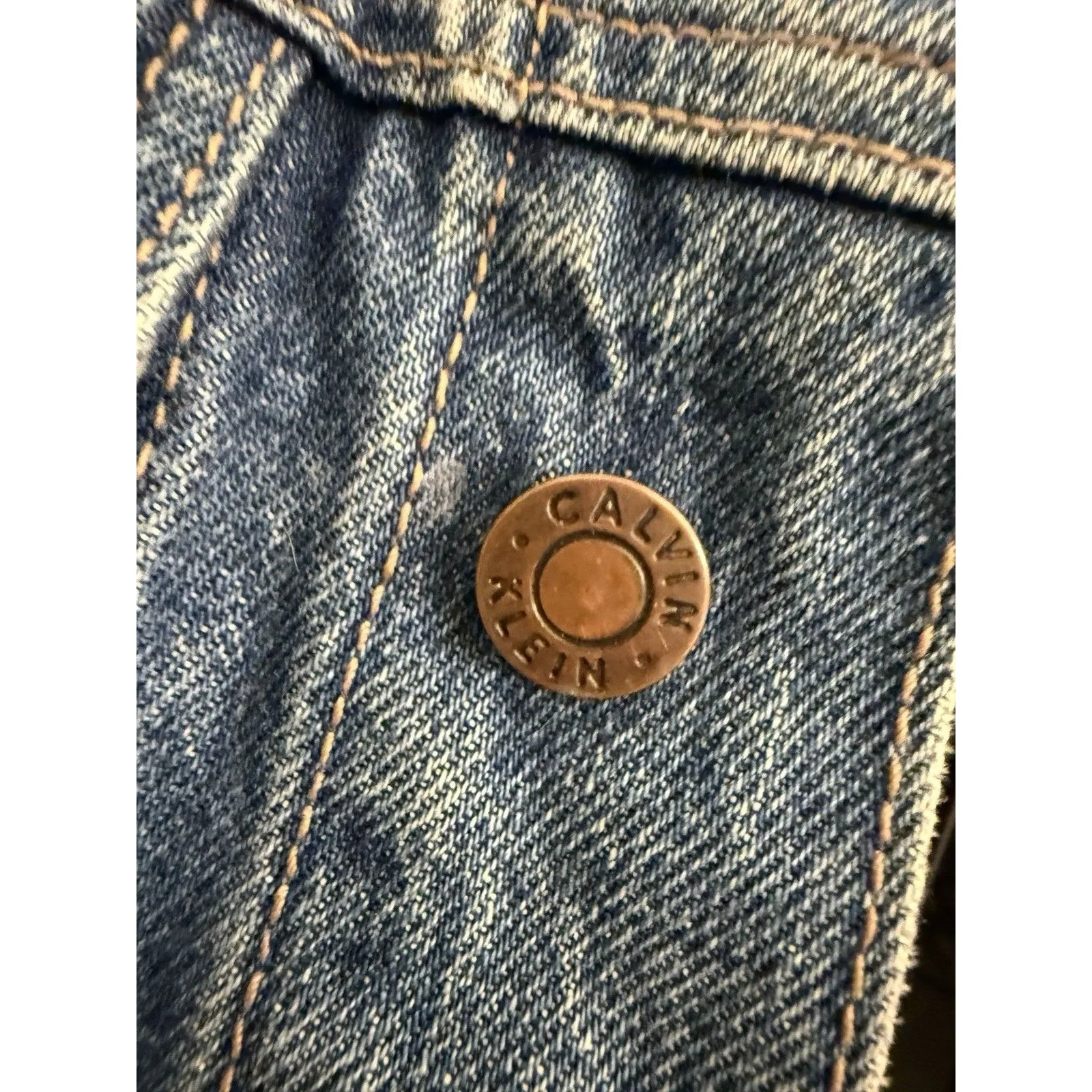 Vtg 90’s Calvin Klein Denim Jean Jacket Blue hippie SZ M Peace Daisy Painted - Image 7