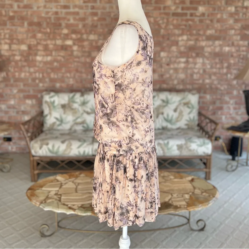 Bar III Dress Drop Waist Mini S Peach Purple Floral Pleated Chiffon - Image 6