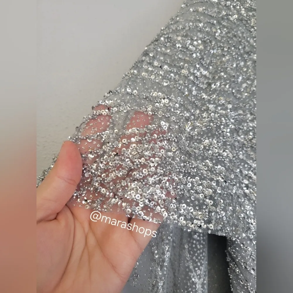 Marchesa Notte Strapless Beaded Glitter Tulle Column Gown Caplet Silver Size 8 - Image 8