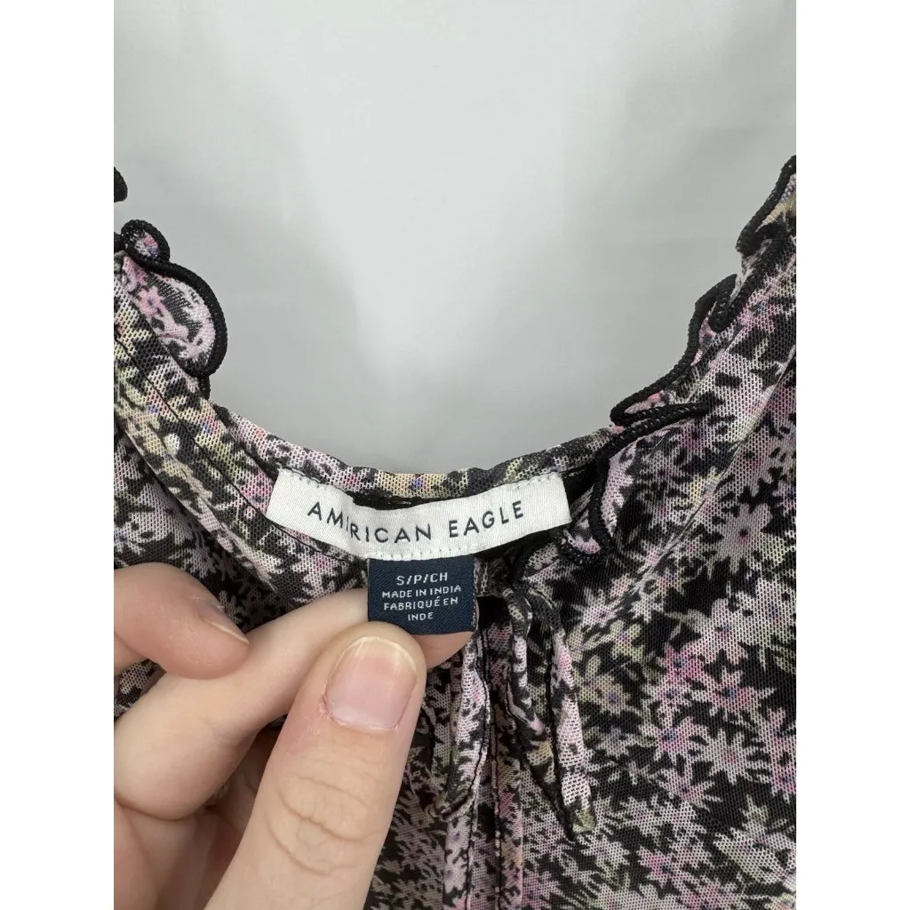 American Eagle Mesh Y2K Milk Maid Mesh Mini Dress Women Small‎ Black Pink Floral - Image 3
