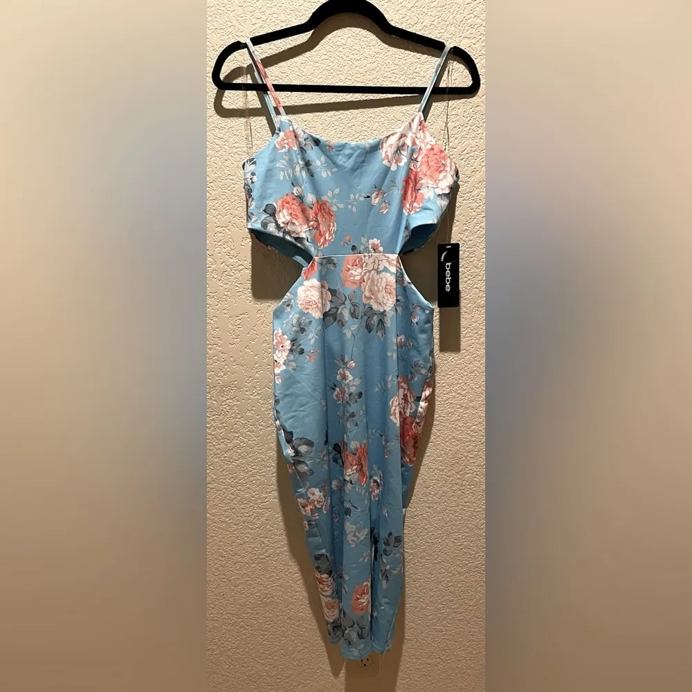 NWT Bebe Women’s Juniors Cut Out Midi Bodycon Dress Baby Blue Blooms Size M - Image 4
