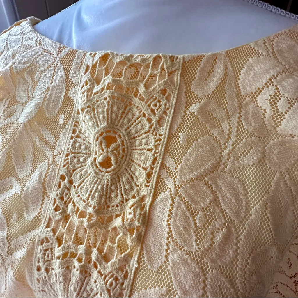 London Times Yellow Lace Crochet Midi Dress Easter Spring Gathered Waist Fairy - Image 6