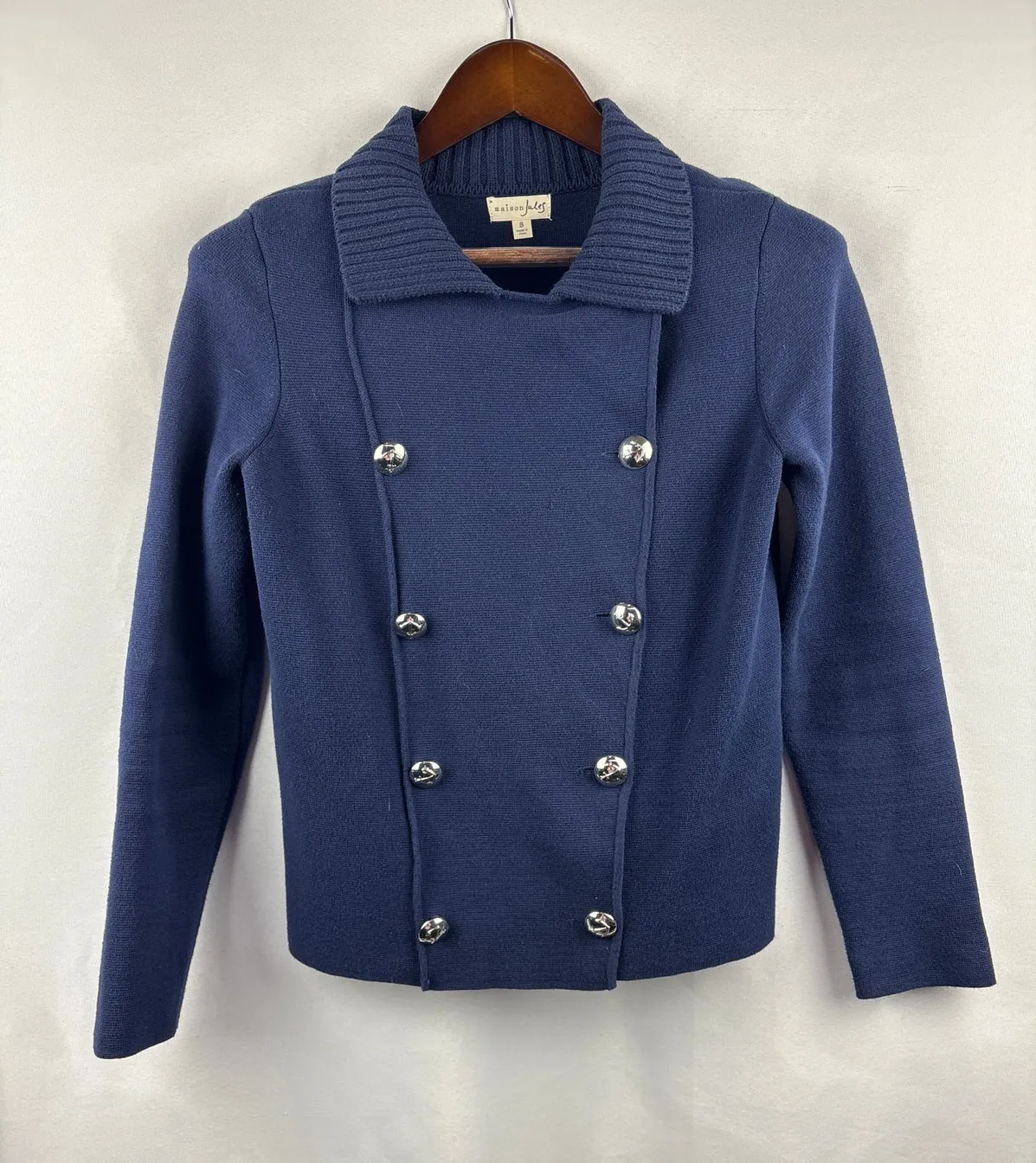 Women’s Maison Jules Small Navy Blue Double Breasted Short PeaCoat Sweater - Image 1