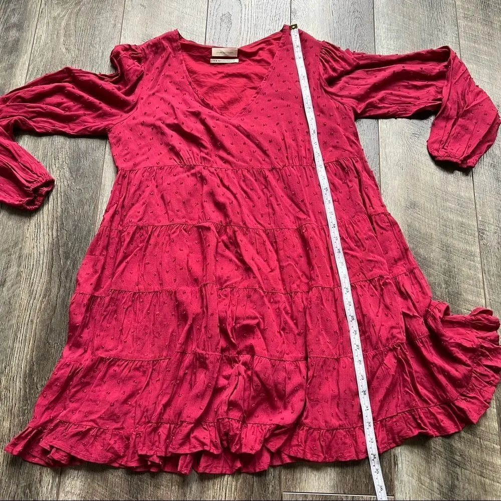 Urban Outfitters Red Wine Long Sleeve Tiered Textured Babydoll Dress Size Medium - Image 9