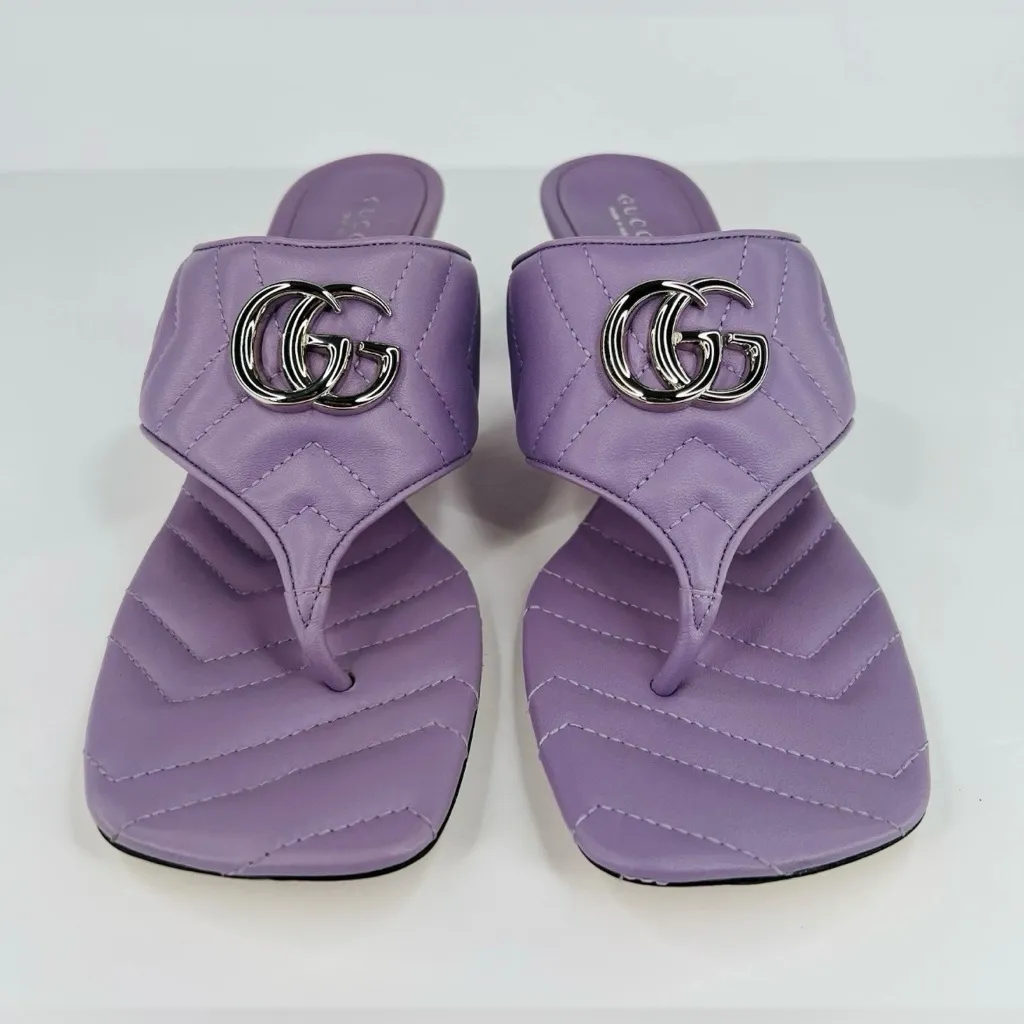 Gucci Marmont Double G Chevron GG Logo Thong Mule Kitten Sandals Size EU 41 - Image 4