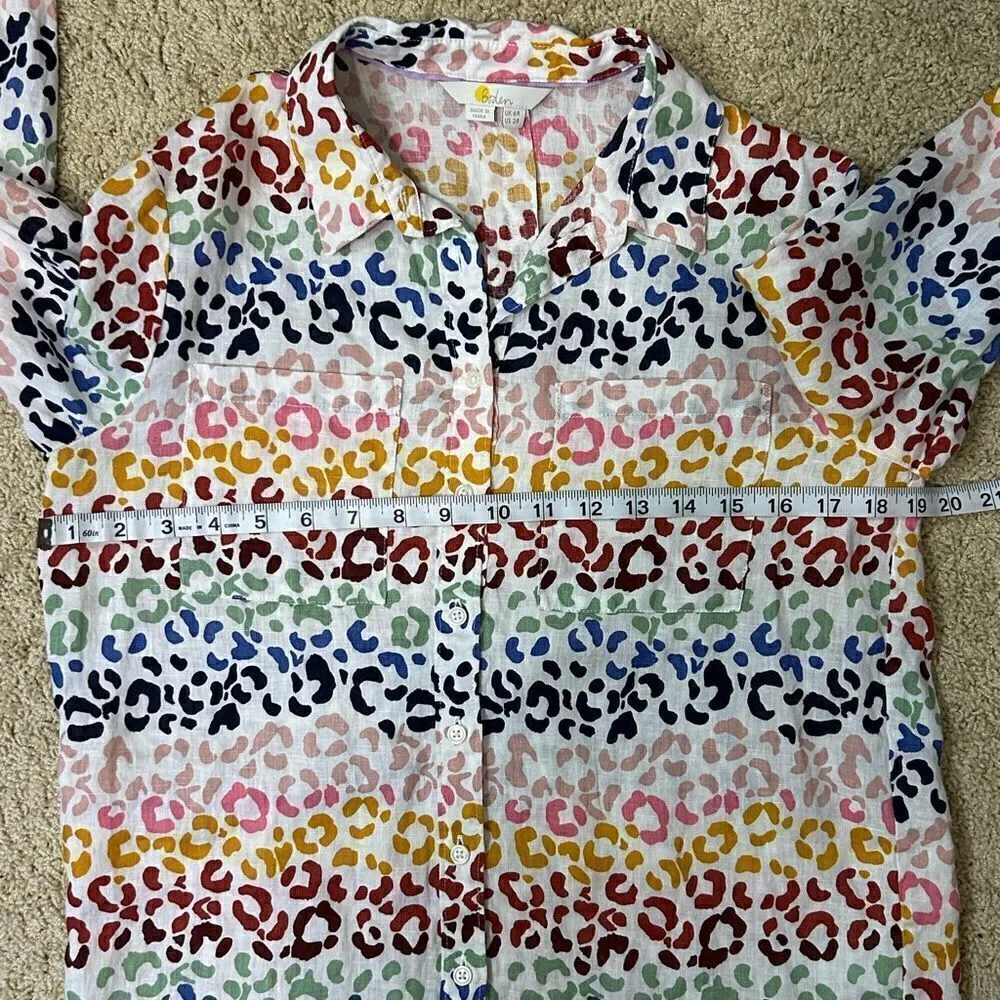 Boden Womens Size 2R Linen Button Up Shirt Multicolor Animal Print Cheetah BIN O White - Image 8