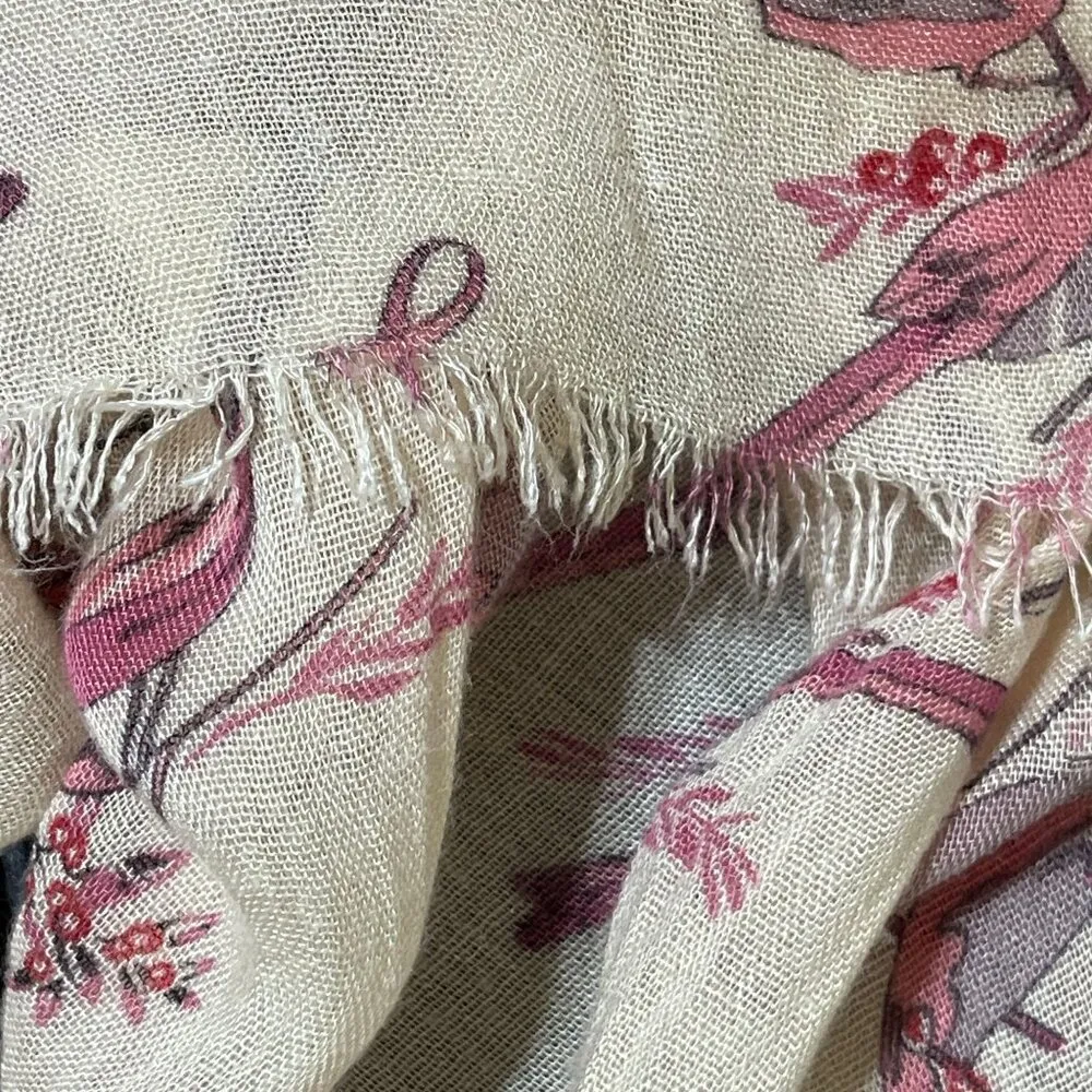 Lauren Conrad Lightweight Scarf Pink Cream Birds Fringe One Size - Image 4
