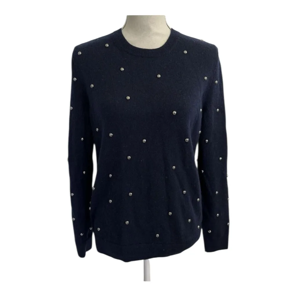 The Kooples Navy Blue Crewneck Wool Cashmere Sweater Silvertone Studs Size M - Image 3