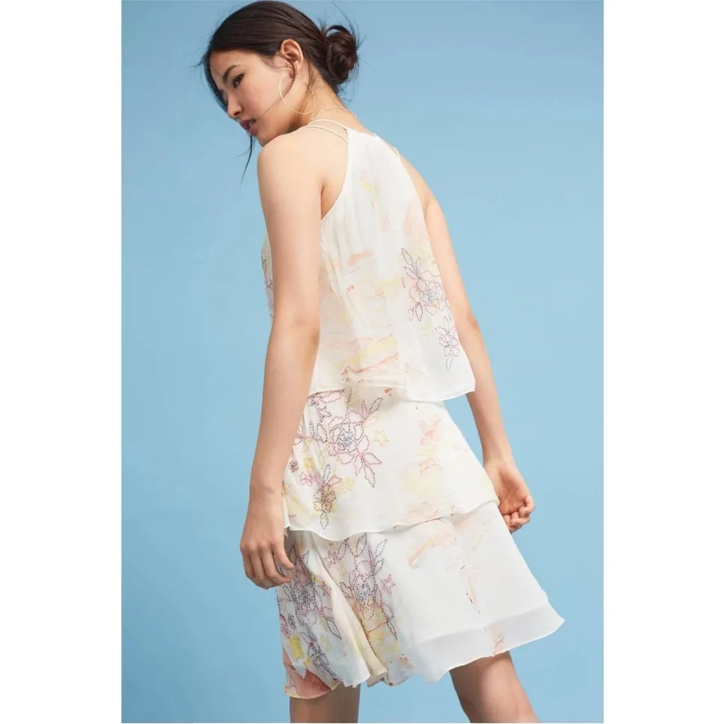 Anthropologie Tiered & Beaded Floral Dress 0P Not So Serious Pallavi Mohan Pink - Image 2