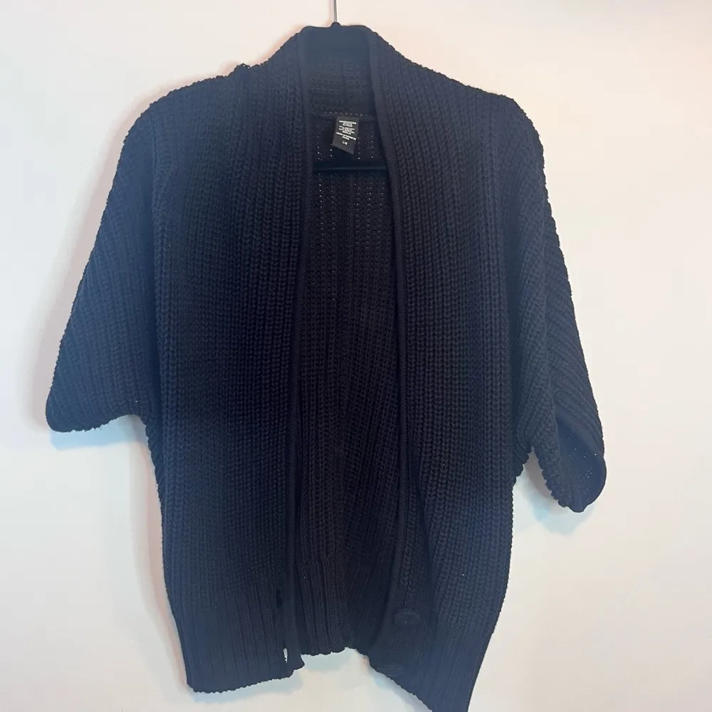 Apostrophe Short Sleeve Black Cotton Blend V Neck Cardigan Sweater - Image 2