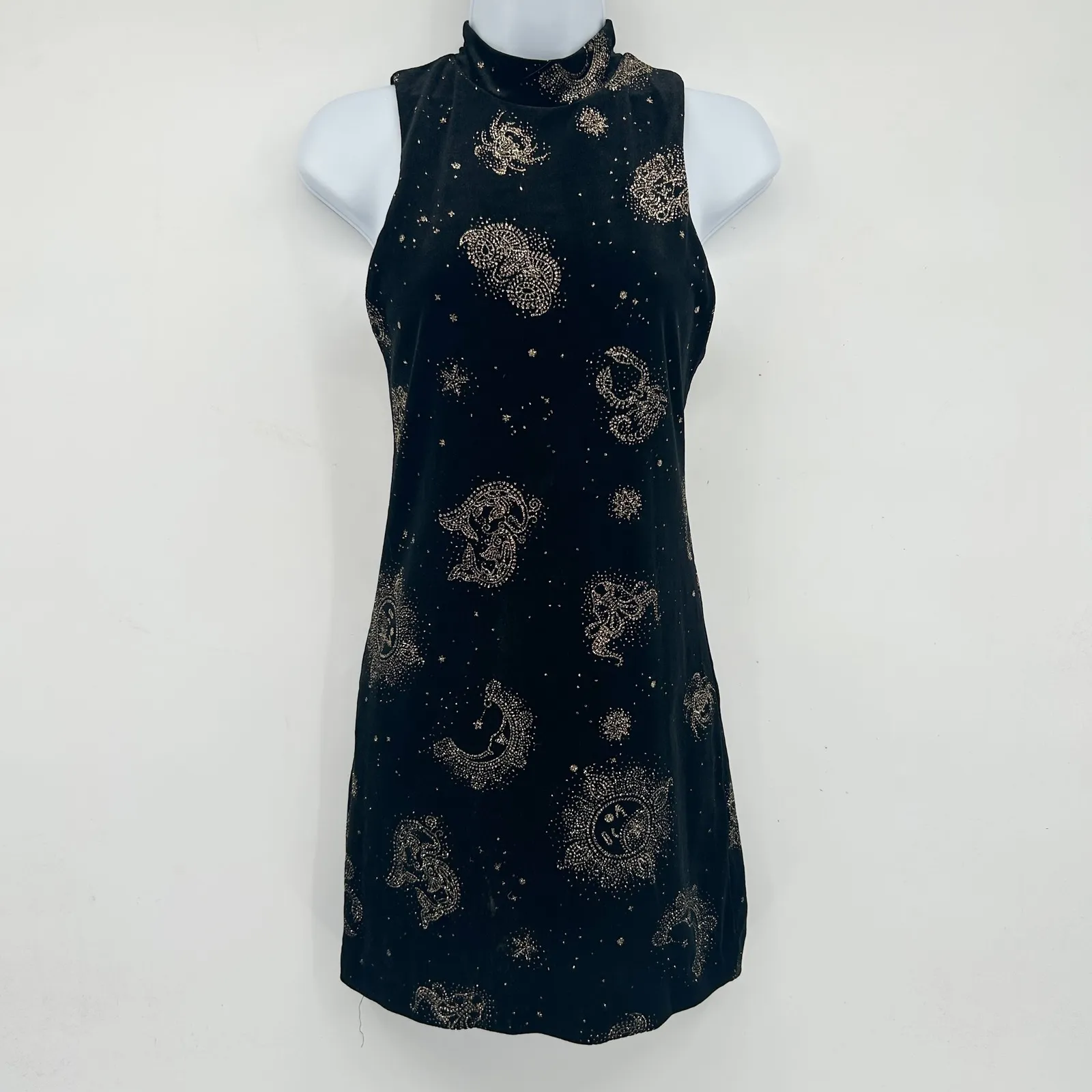 Ecote UO Womens Black Velvet Celestial Moon Sun Stars Zodiac Print Dress Size S - Image 3