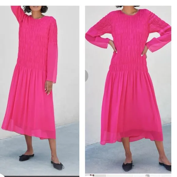 AYR The Something Special Silk Dress Pink Crinkle Flowy Smocked Ruched Sheer XS - Image 2