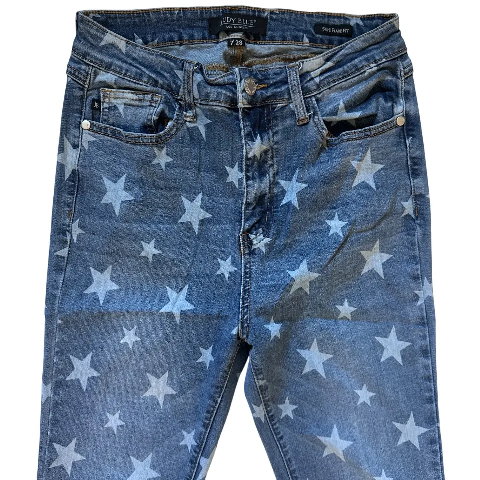 Judy Blue Spangled Super Flare Bell Bottom Jeans Sz 28 High Rise Star Print - Image 4