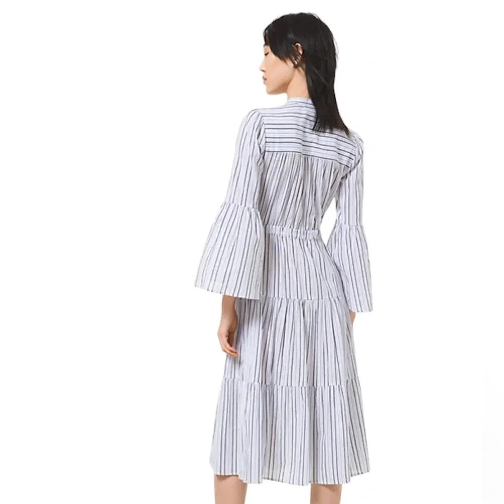 Michael Michael Kors‎ Striped White Blue Cotton Gauze Tiered Midi Dress Large - Image 2