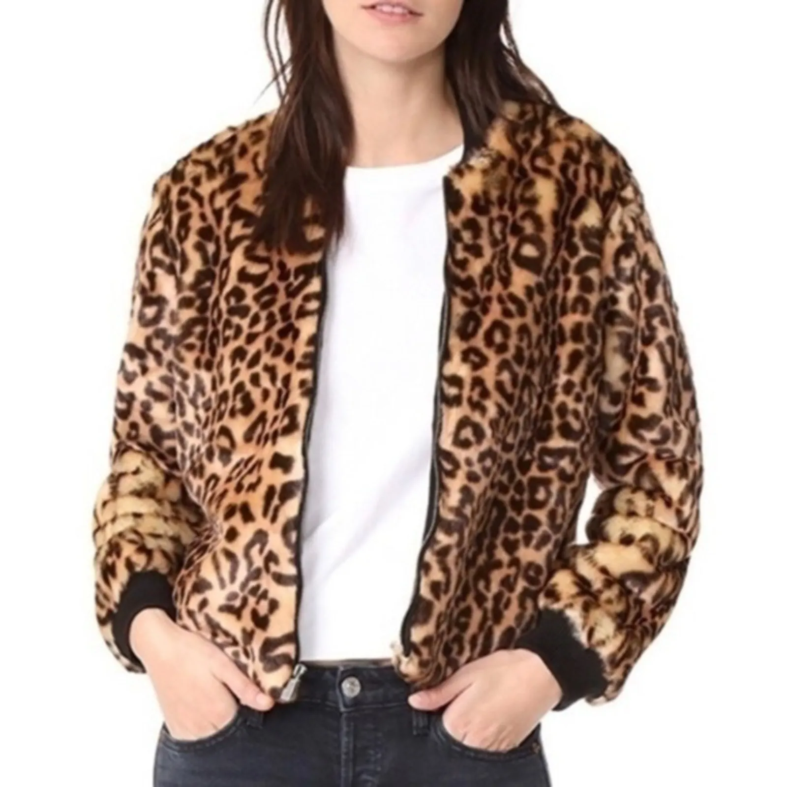 Splendid Faux Fur Jacket Leopard Print full zip cozy mob wives Women’s Size XS - Image 7