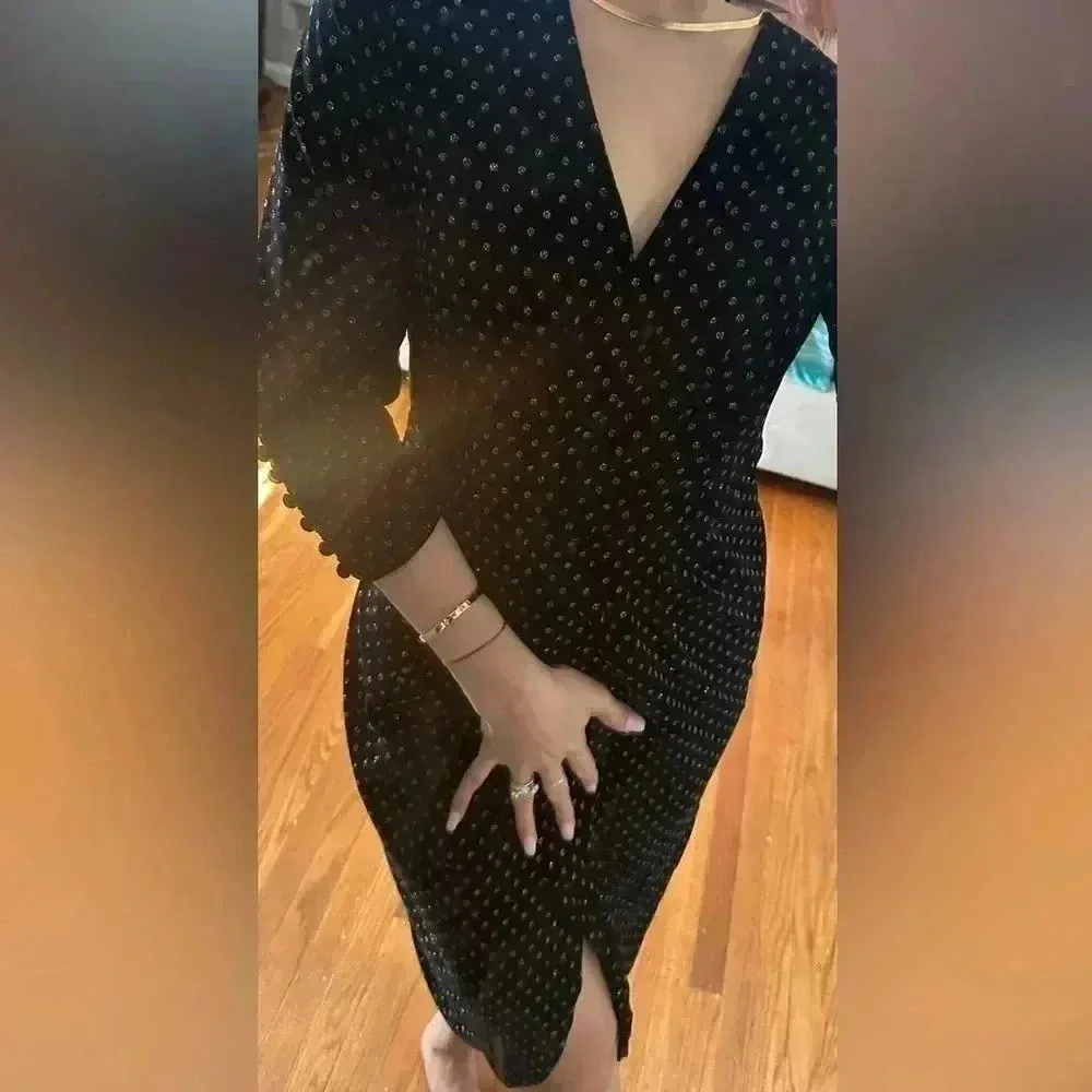 ZARA KNIT Wrap Velvet Black Silver Dress Polkadot 3/4 Sleeve Sz small - Image 6
