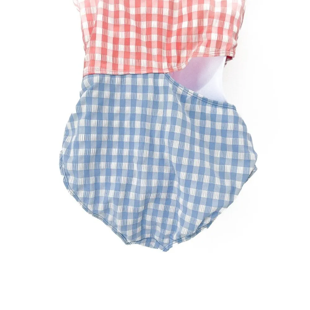 Gingham Plaid Check Cutout One Piece Bikini Swimsuit Bathing Suit Blue Pink - Image 5