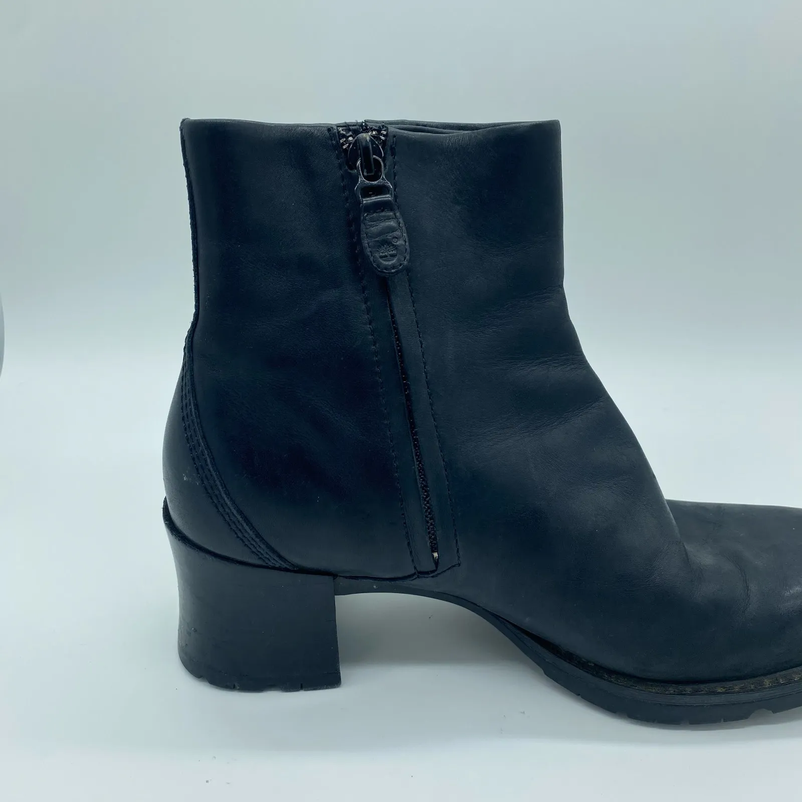 Timberland Alyse Black Leather Block Heel Ankle Boots Moto Y2K Women's size 7 - Image 9